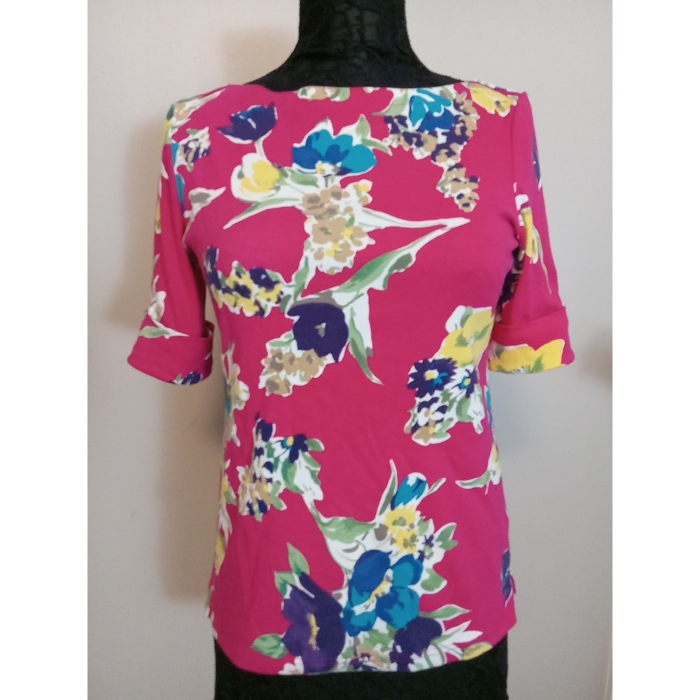 Ralph Lauren Pink Multicolor Floral Black Label‎ Boat Neck Top Size M